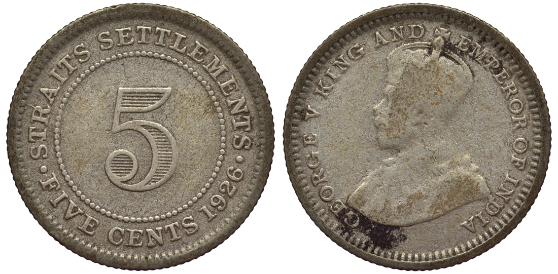 Стрейтс-Сетлментс 5 центов 1926 Георг V (1910-1936) КМ 36 серебро 53-529