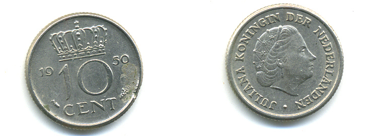 НИДЕРЛАНДЫ 10 ЦЕНТОВ 1950 ЮЛИАНА KM 182 никель 83-959