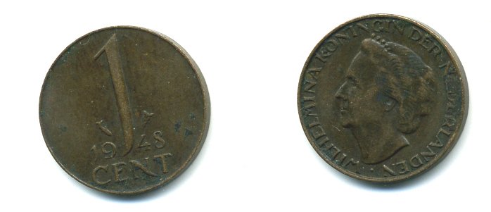 Нидерланды 1 цент 1948 Вильгельмина (1890-1948), год тип KM 175 бронза 54-1116