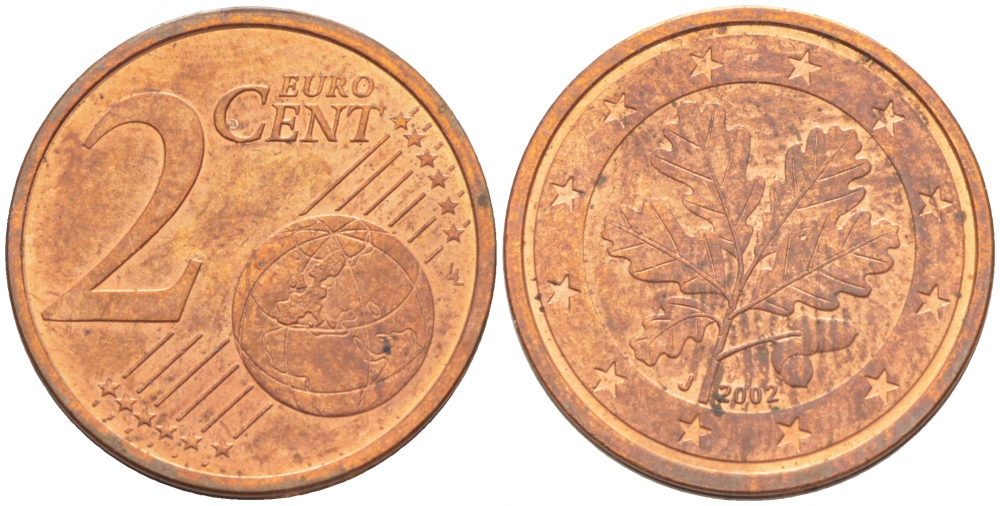 ФРГ 2 евроцента 2002 J KM 208 сталь плакированная медью 179-652