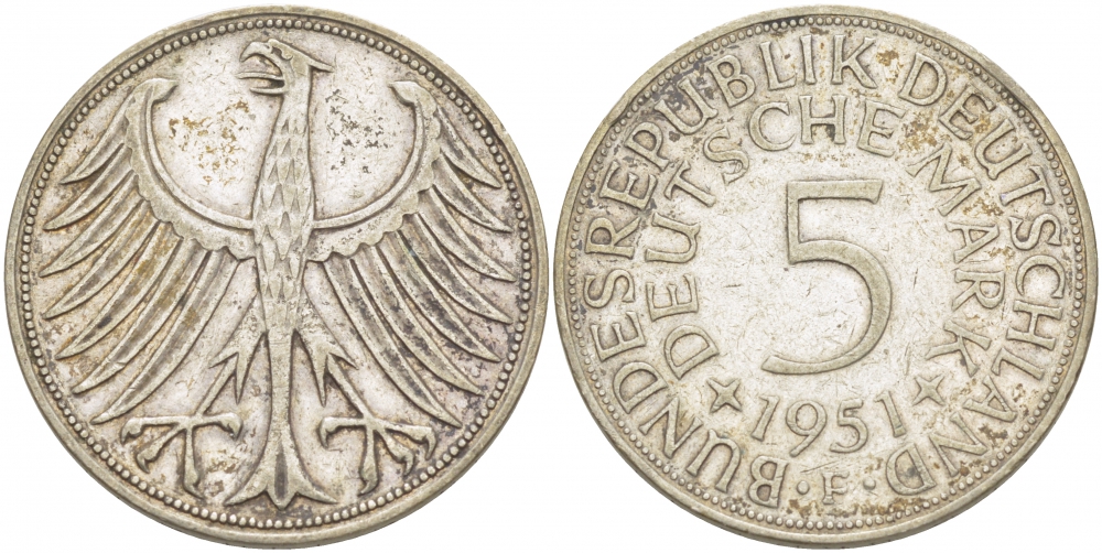 ФРГ 5 марок 1951 F, J. 387, KM 112.1 серебро 115-1026
