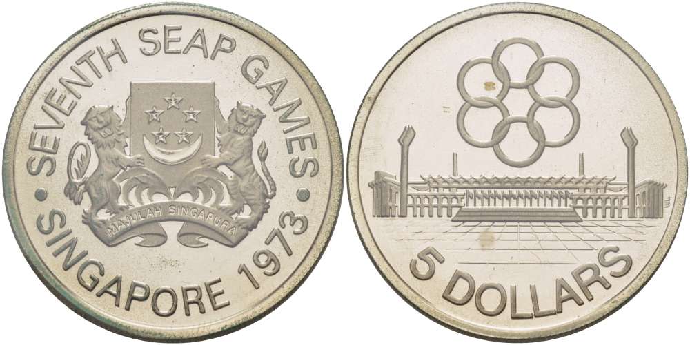 Сингапур 5 долларов 1973 седьмые игры Юго-Восточной Азии, тираж 5000 экземпляров, в оригинальной коробке, запайка KM 10 серебро PROOF 00-00