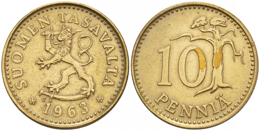 ФИНЛЯНДИЯ 10 ПЕННИ 1963 ПЕРВЫЙ ГОД KM 46 алюминиевая бронза 4548-253