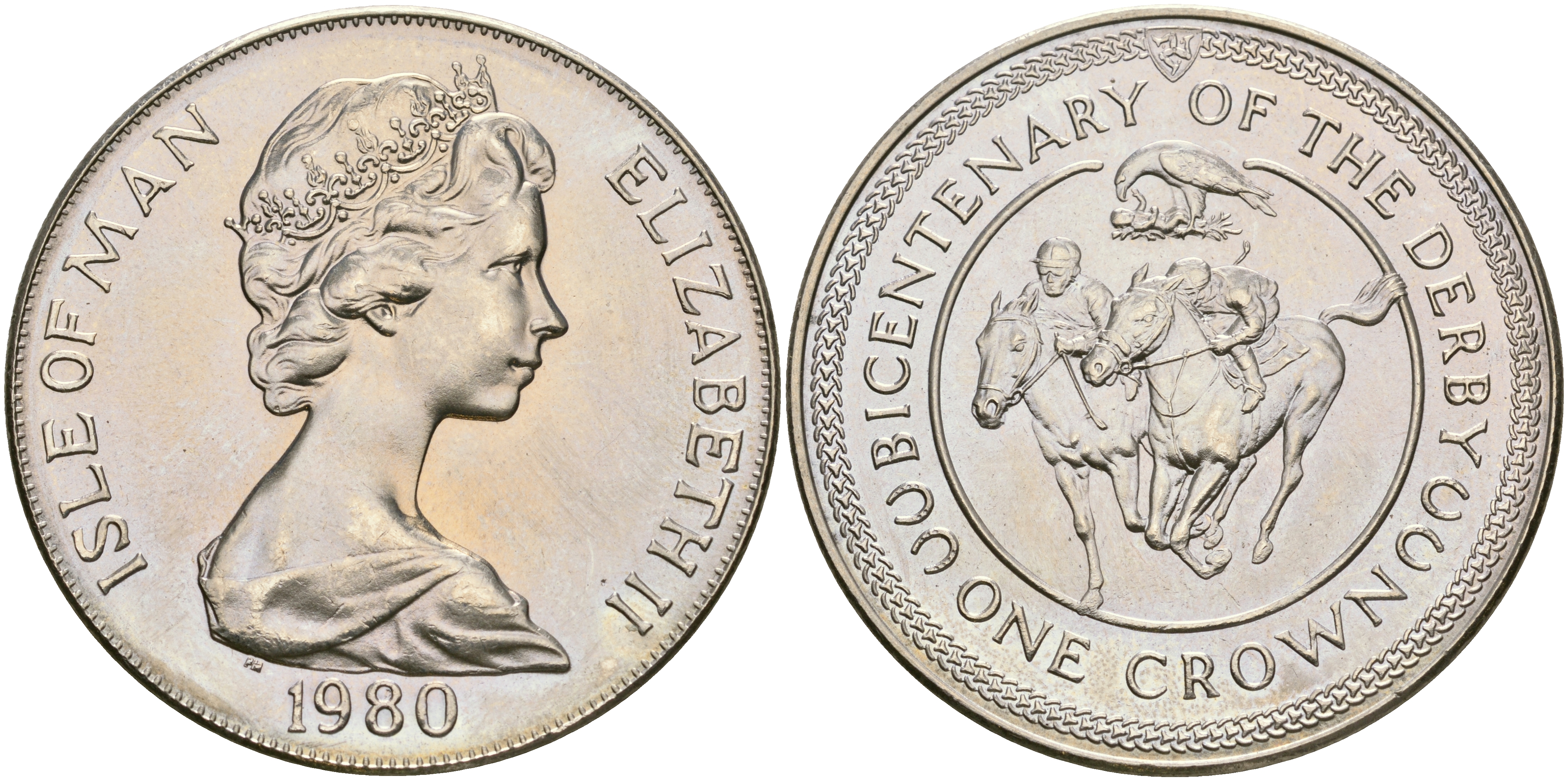 Остров Мэн 1 крона 1980 200 лет дерби, ипподромные скачки KM 63 медно-никель UNC 118-613