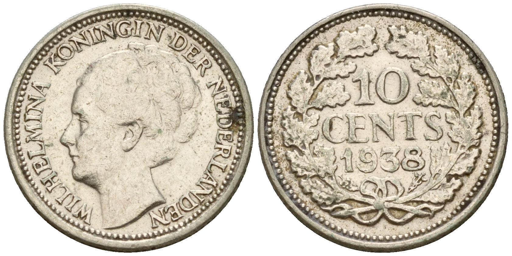Нидерланды 10 центов 1938 Вильгельмина I (1890-1948) KM 163 серебро  4189-161