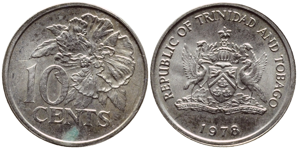 Тринидад и Тобаго 10 центов 1978 цветок гибискуса KM 31 медно-никель 4396-869