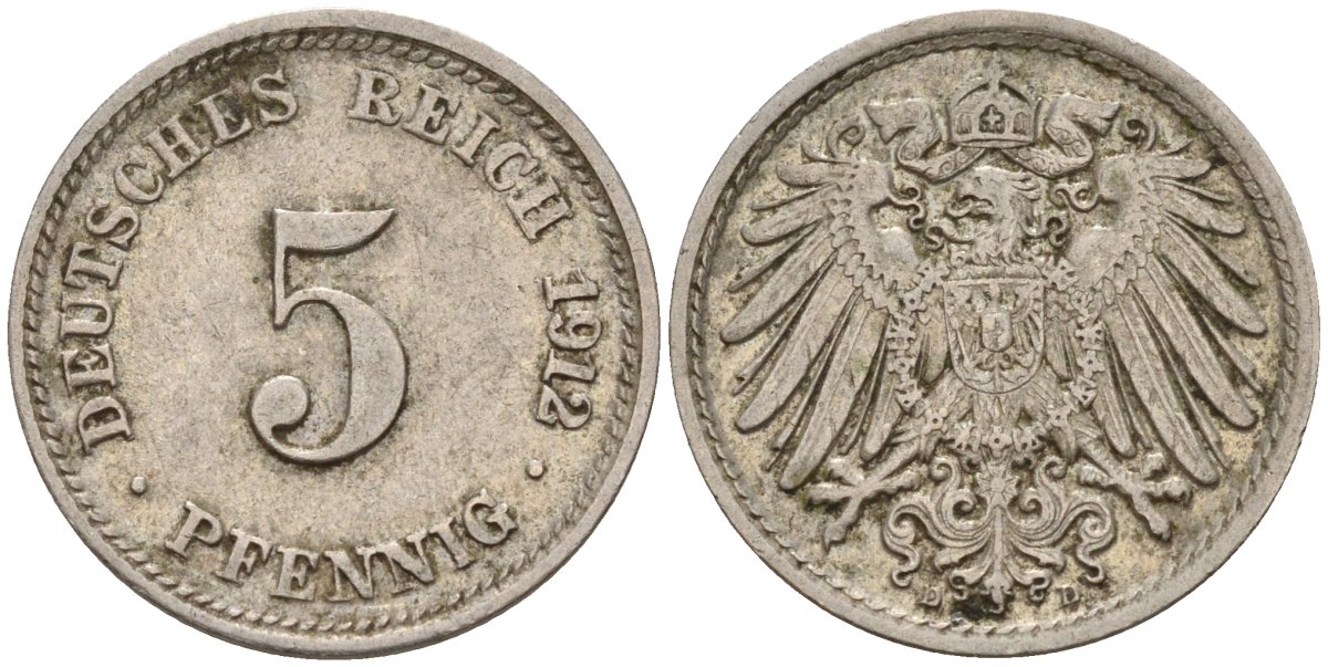 Германия 5 пфеннигов 1912 D KM 11, J. 12 медно-никель 4151-535