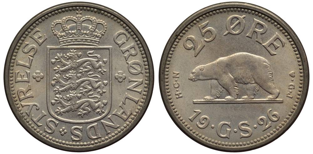 Гренландия 25 эре 1926 NCN; CJ, медведь, датская колония, Кристиан X (1912-1947) KM 5 медно-никель 186-1045