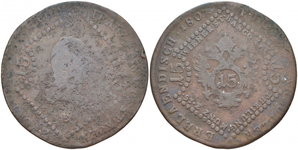 АВСТРИЯ 15 КРЕЙЦЕРОВ 1807 В, ФРАНЦ I (1806-1835) KM 2138 медь 4537-712