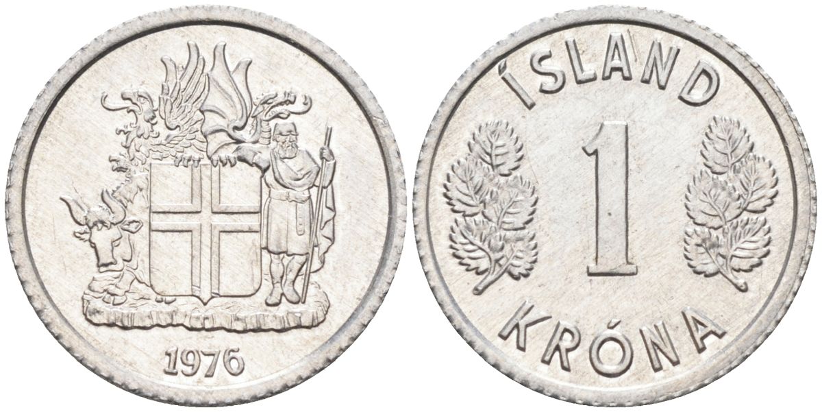 Исландия 1 крона 1976 KM 23 алюминий UNC 4124-759