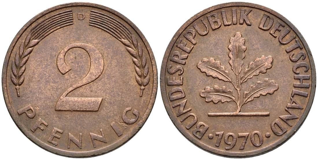 ФРГ 2 ПФЕННИГА 1970 D KM 106a, Jager 381a сталь плакированная сталь плакированная медьюю 4546-957