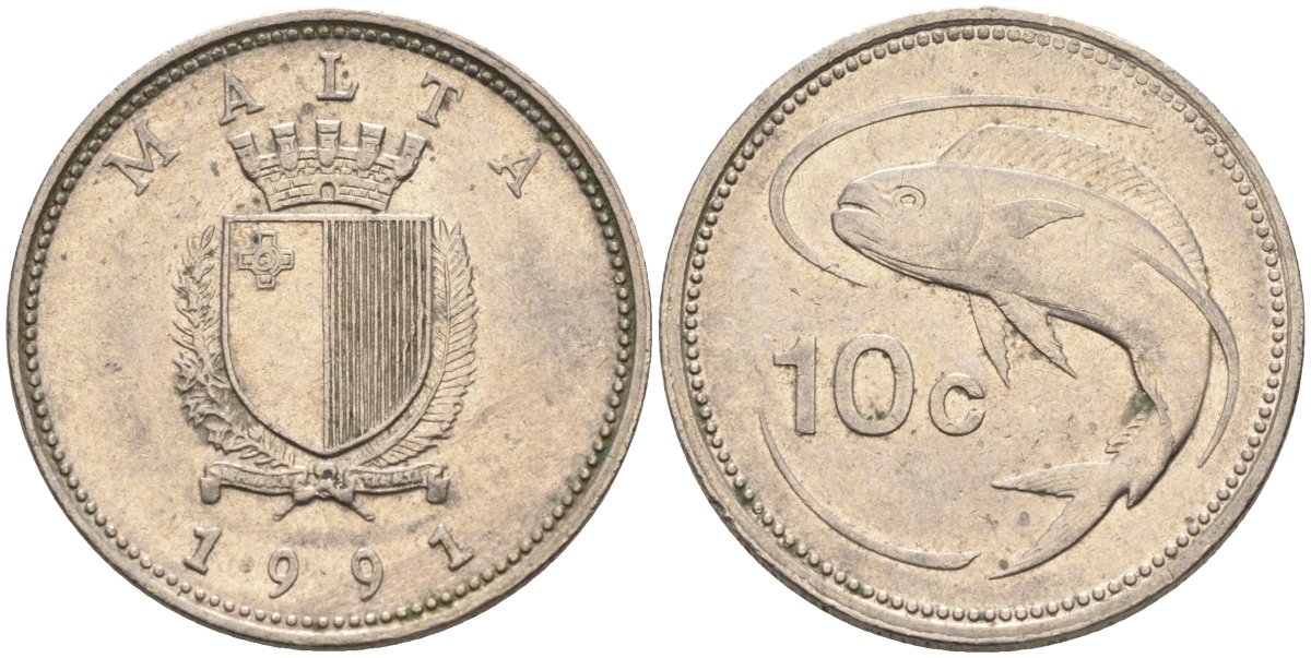 Мальта 10 центов 1991 золотая макрель KM 96 медно-никель 4588-229