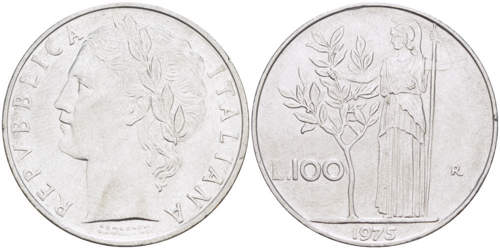 ИТАЛИЯ 100 ЛИР 1975 R, АФИНА KM 96.1 нержавеющая сталь 4526-326