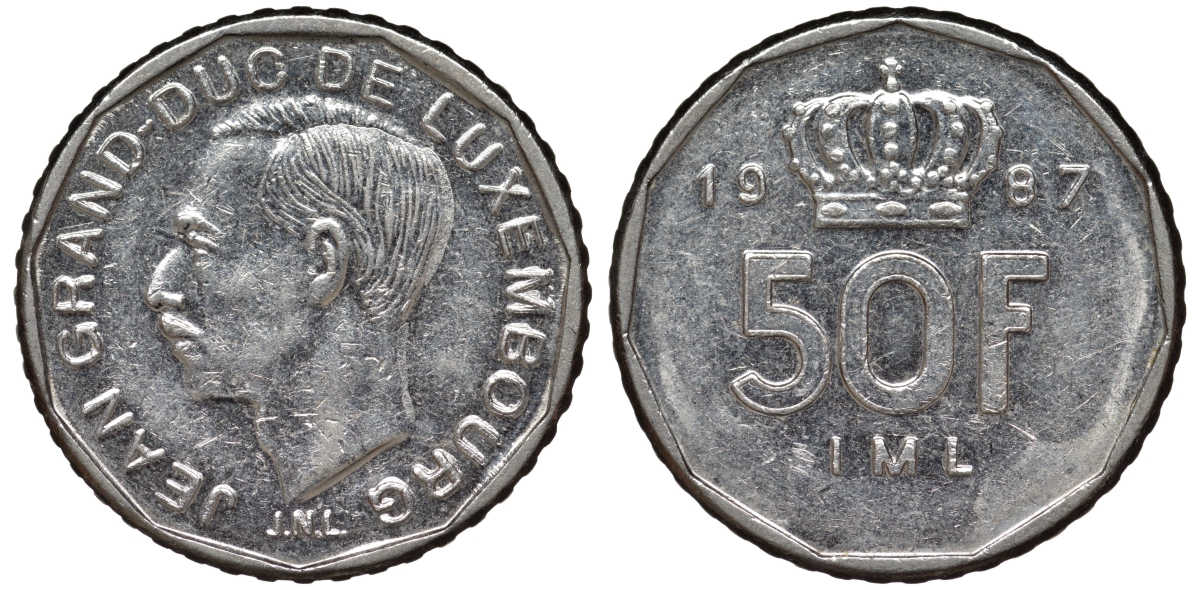 Люксембург 50 франков 1987 Великий герцог Жан (1964-1999) KM 62 никель 4143-136