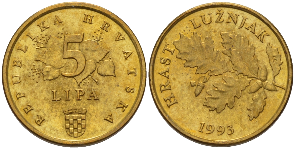 Хорватия 5 лип 1993 дуб, легенда на хорватском KM 5 сталь плакированная латунью 66-515