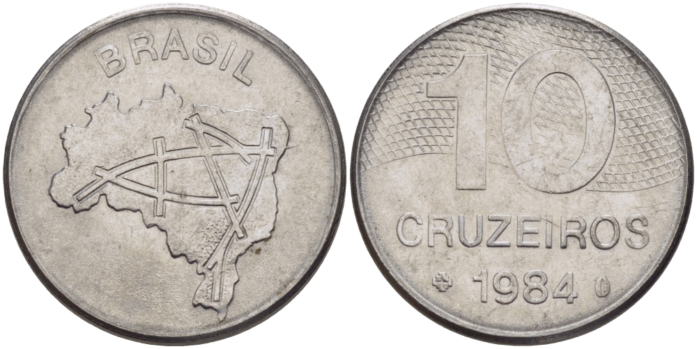 Бразилия 10 крузейро 1984 карта Бразилии KM 592.1 нержавеющая сталь 67-915