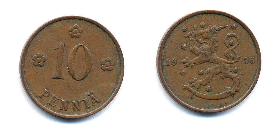 Финляндия 10 пенни 1936 республика (1918-1962) KM 24 медь 51-5514