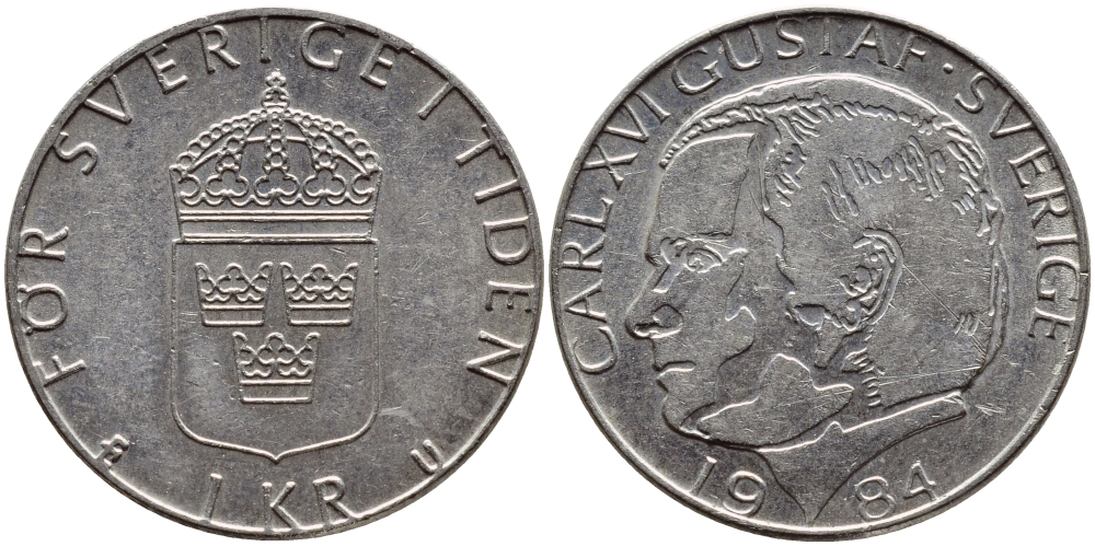 Швеция 1 крона 1984 Карл XVI Густав (1973- ) KM 852a медно-никель 4397-1137