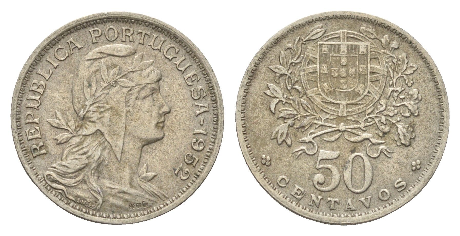 Португалия 50 сентаво 1952 голова Свободы вправо KM 577 никель латунь 4659-636
