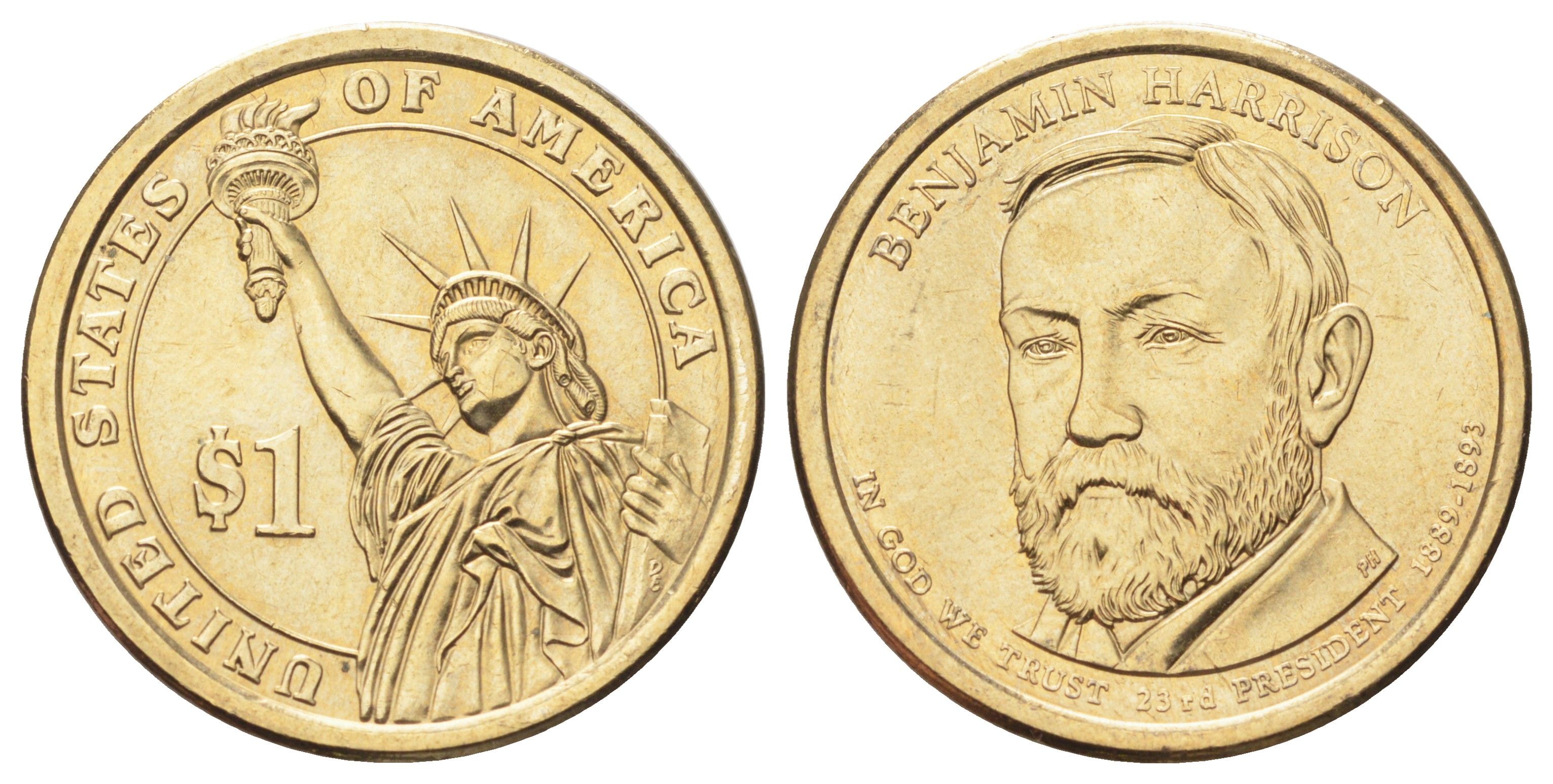 США 1 доллар 2012 Президент США - Бенджамин Гаррисон (1889–1893) KM 526 медь с марганцево-латунным покрытием UNC 4699-931