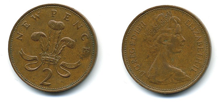 Великобритания 2 пенса 1971 Елизавета II (1952-2022) КМ 916, Spink 4235 (C1) бронза 4110-525