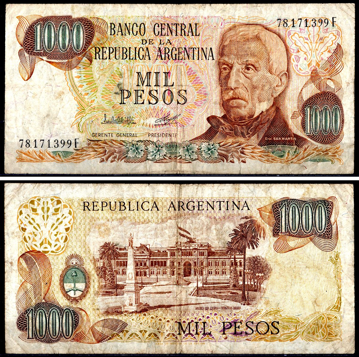 Аргентина 1000 песо ND (1976-1983) Pick 304b(2) бумага 3295-102-3-1