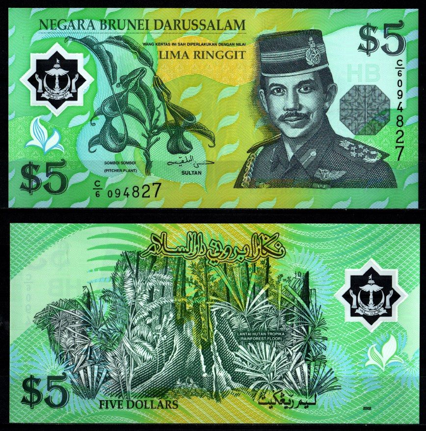 Бруней 5 малайзийских ринггитов 2002 Хассанал Болкиах — султан Брунея, тропический лес Pick 23 b полимер UNC (пресс) 2197-33-2-2
