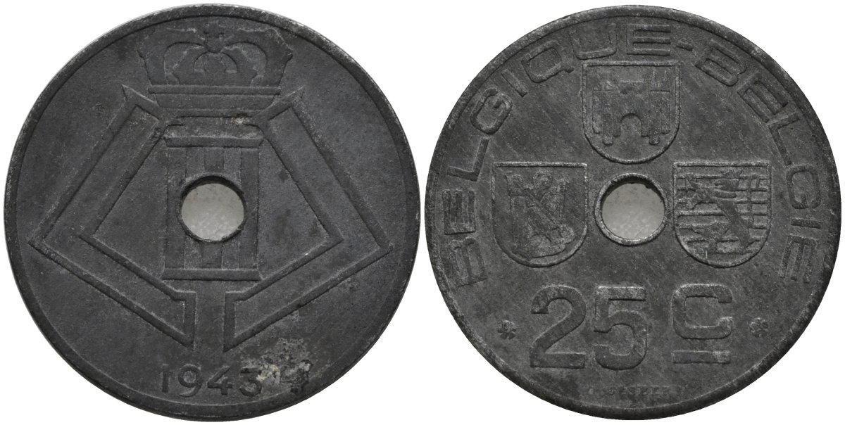 Бельгия 25 сантимов 1943 BELGIQUE-BELGIE KM 131 цинк 4171-654