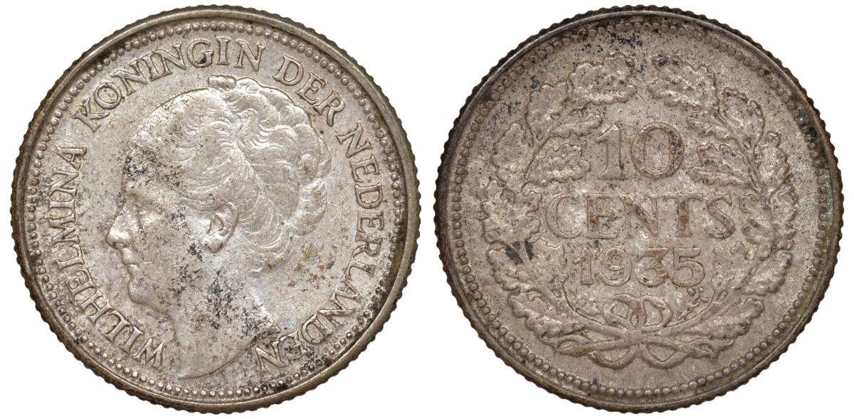 Нидерланды 10 центов 1935 Вильгельмина I (1890-1948) КМ 163 серебро 4174-143
