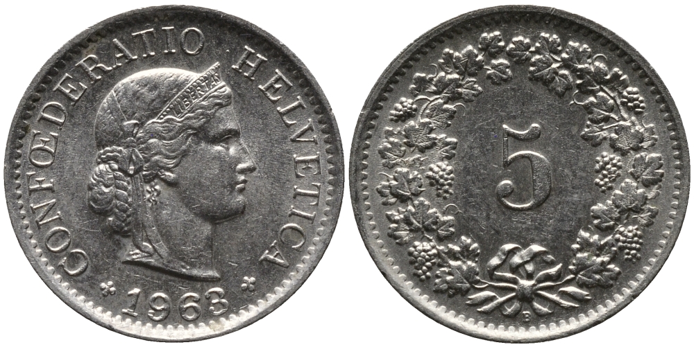 ШВЕЙЦАРИЯ 5 РАППЕНОВ 1963 В KM 26 медно-никель 96-1128