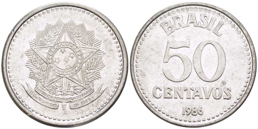 Бразилия 50 сентаво 1986 реформа 1986-1989 KM 604 нержавеющая сталь 217-812