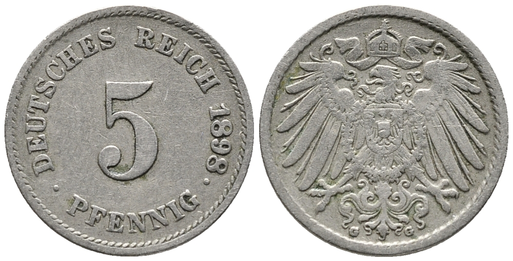 ГЕРМАНИЯ 5 ПФЕННИГОВ 1898 G KM 11, J. 12 медно-никель 39-733