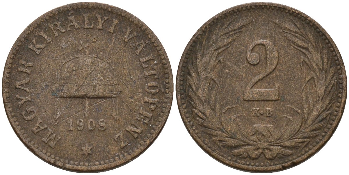 Венгрия 2 филлера 1908 KB, Франц Иосиф I (1848-1916) KM 481 бронза 4151-943