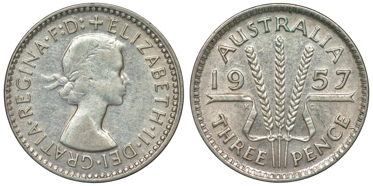 Австралия 3 пенса 1957 m, Елизавета II (1952-2022) KM 57 серебро 71-511