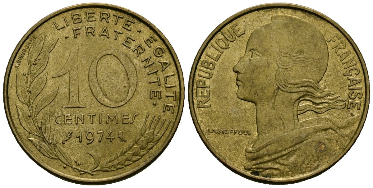 Франция 10 сантимов 1974 тип Marianne KM 929 алюминиевая бронза 4136-414