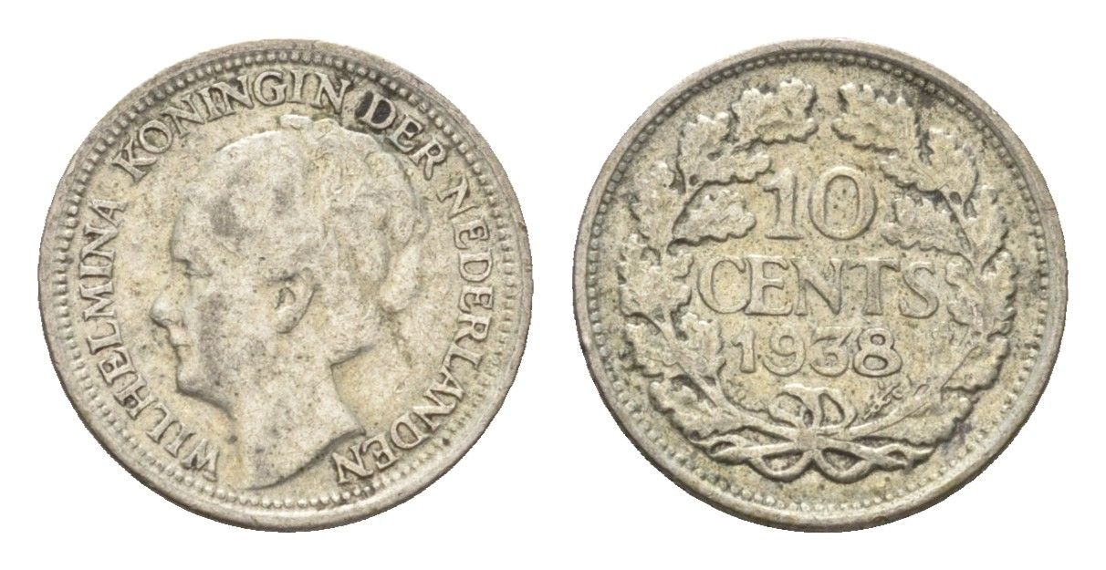 Нидерланды 10 центов 1938 Вильгельмина I (1890-1948) KM 163 серебро 4659-1161