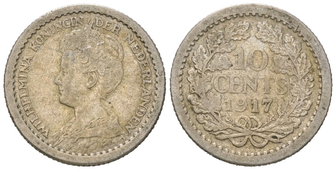 Нидерланды 10 центов 1917 Вильгельмина (1890-1948) KM 145 серебро 4611-221
