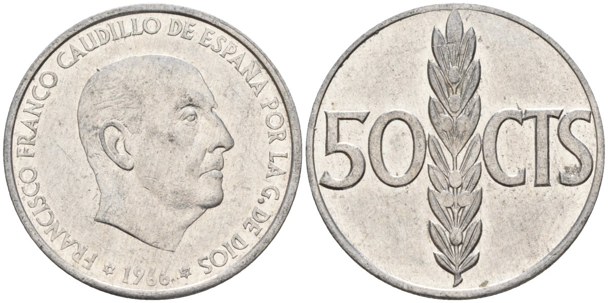 Испания 50 сентимо 1966 Франсиско Франко (1939 - 1975) KM 795 алюминий 4155-256
