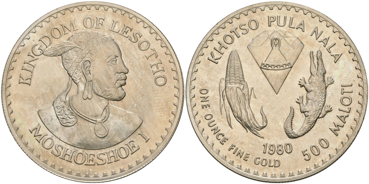 Лесото 500 малоти 1980 ESSAI, 110 лет смерти короля Мошвешве II, тираж 10 экз. KM Pn20 медно-никель PROOF 10-016-13