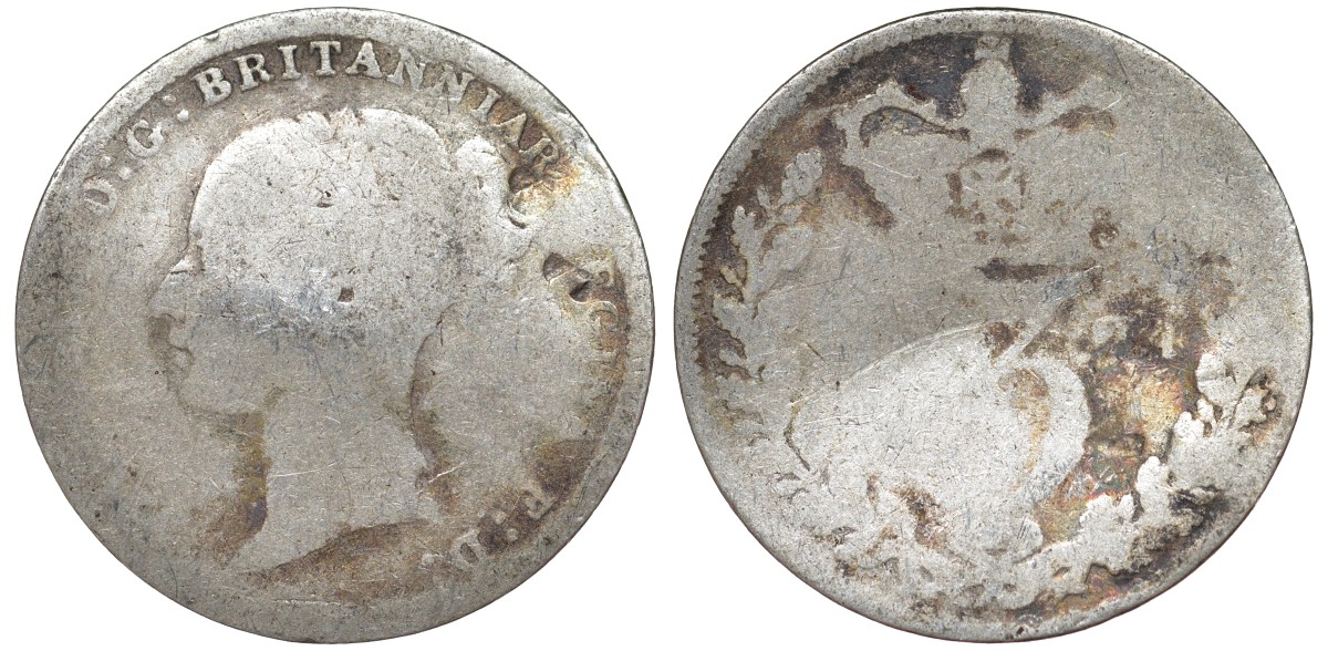 Великобритания 3 пенса ND (1838-1887) Виктория (1837-1901), гнутая KM 730 серебро 4164-121