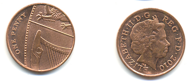 Великобритания 1 пенни 2010 Елизавета II (1952-2022) KM 1107, Spink B6 сталь плакированная медью 177-1219
