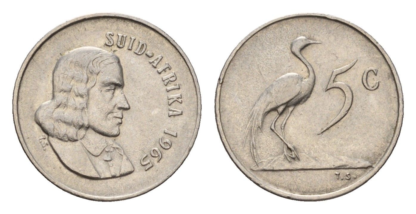 ЮАР 5 центов 1965 Ян ван Рибек (1619-1677), Suid Africa, легенда на африкаанс, райский журавль KM 67.2 медно-никель 4640-1063