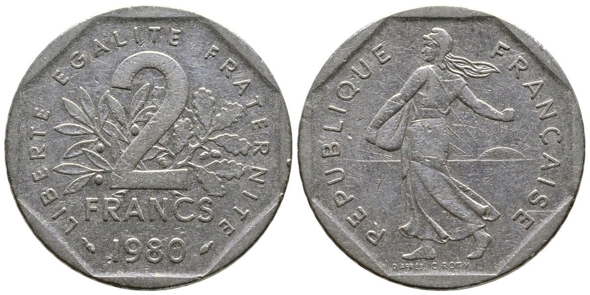 ФРАНЦИЯ 2 ФРАНКА 1980 СЕЯТЕЛЬ KM 942.1, LE FRANC 272.4 никель 36-124