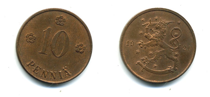 Финляндия 10 пенни 1921 республика (1918-1962) KM 24 медь 46-349