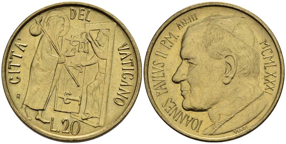 ВАТИКАН 20 ЛИР 1981 ГОД III, ИОАНН ПАВЕЛ II (1978-2005) KM 156 алюминиевая бронза 4519-315