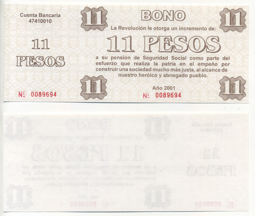 Куба талон на 11 песо 2001 увеличение фонда социальной защиты для пенсионеров и ветеранов революции, с корешком   бумага  UNC (пресс) 00-00