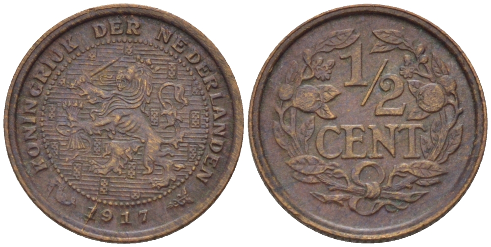 НИДЕРЛАНДЫ 1/2 ЦЕНТА 1917 ВИЛЬГЕЛЬМИНА (1890-1948) KM 138 бронза 39-215