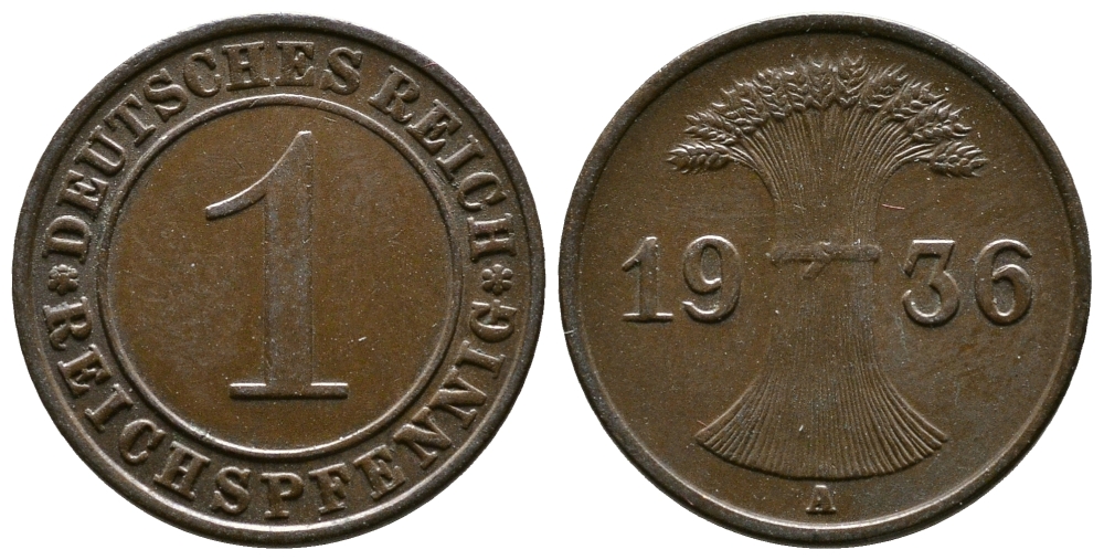 Германия 1 рейхспфенниг 1936 A KM 37, J. 313 бронза 220-141