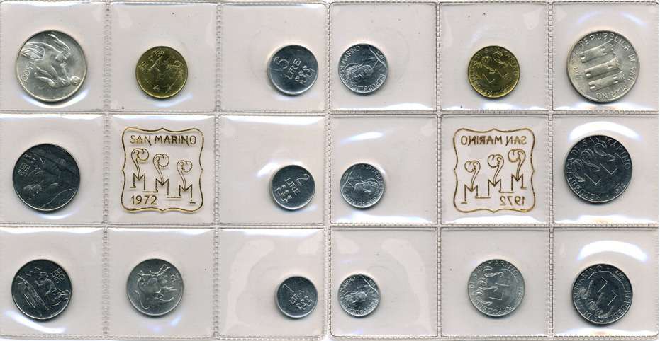 Сан-Марино годовой набор из 8 монет 1972 1, 2, 5, 10, 20, 50, 100 и 500 лир мать поднимает ребенка в воздух KM 14-21, в оригинальной пластиковой запайке серебро KM MS1 серебро UNC 5-4-3-53
