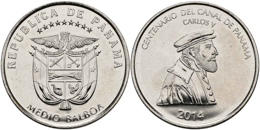 Панама 1/2 бальбоа 2014 100 лет окончания строительства Панамского канала, Карл V KM 145 медь плакированная медно-никелем UNC M45-08